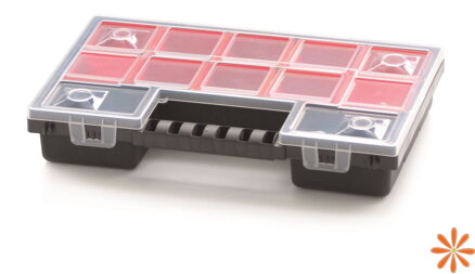 Plastový organizér 12 červených krabiček NORB 287x186x50 mm